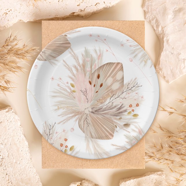Prato De Papel Boho pampas seca do pasto do deserto (Boho pampas dried grass watercolor pattern desert paper plates)