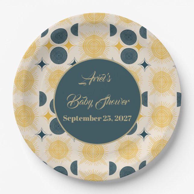 Prato De Papel Boho Personalizado Sol Lua Estrelas Azul Amarelo (Frente)