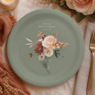 Prato De Papel Boho Pêssego e Ferrugem Floral Verde Salvia Chá de