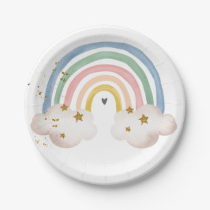 Prato De Papel Boho Rainbow Birthday Pastel Chá de fraldas Moder