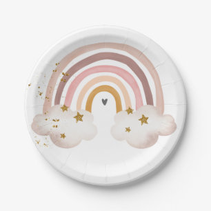 Prato De Papel Boho Rainbow Birthday Pastel Chá de fraldas Moder