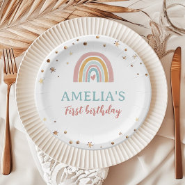 Prato De Papel Boho Rainbow Pink Birthday Plates