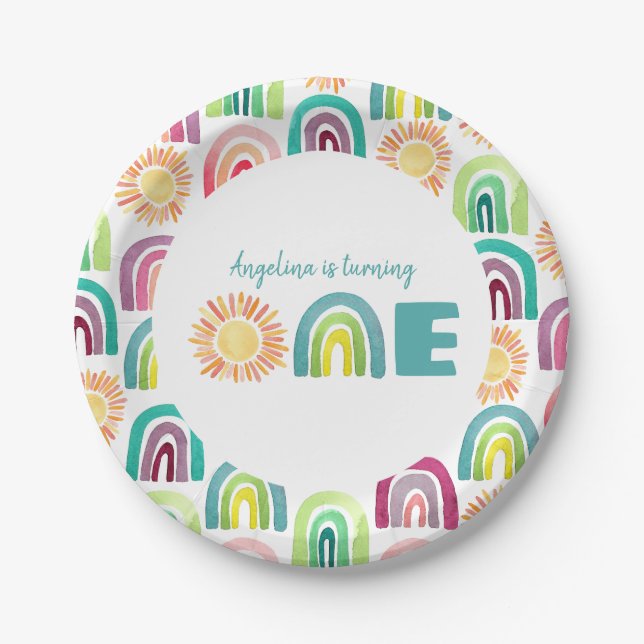 Prato De Papel Boho Rainbow & Suns primeiro aniversario Blue Wate (Frente)