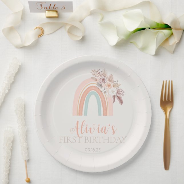 Prato De Papel Boho Rainbow Watercolor Primeiro Aniversário (Casamento)