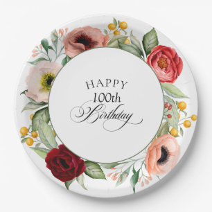 Prato De Papel Boho Rustic Watercolor Floral 100ª Festa de aniver
