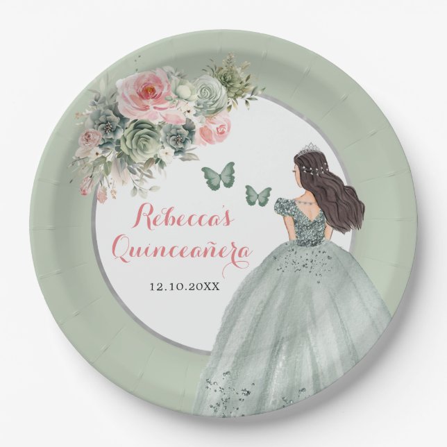 Prato De Papel Boho Sage Green Vress Princess Girl Sweet 16 Años (Frente)