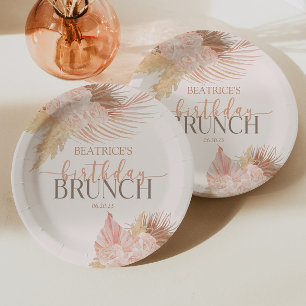 Prato De Papel Boho Soft Floral Flor Rosa Birthday BrunParty
