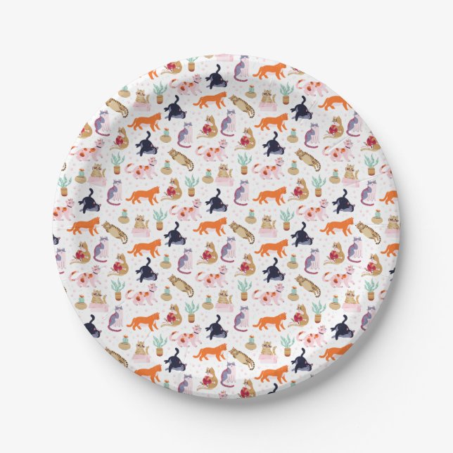Prato De Papel Boho Summer Cute Cats Green Cactus (Frente)