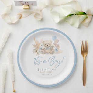 Prato De Papel Boho Teddy Bear Boy Blue Bprecoce Chá de fraldas d