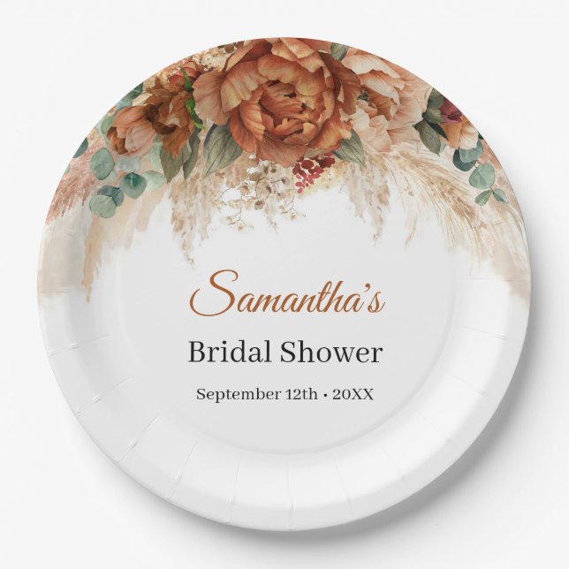Prato De Papel Boho terracotta e pampas florais burgundy (Frente)