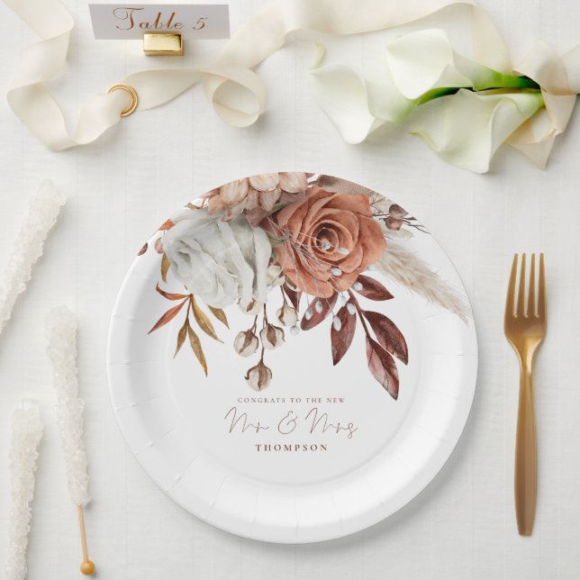 Prato De Papel Boho Terracotta Florals Felicita a senhora deputad (Casamento)