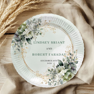 Prato De Papel Boho Verde Empoeirado Eucalipto Aquarela Casamento