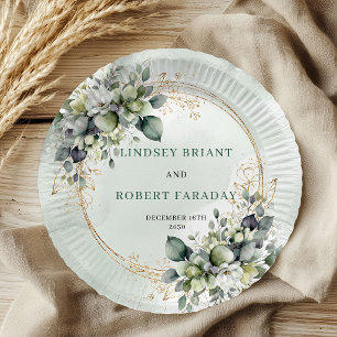 Prato De Papel Boho Verde Sage Personalizado Eucalipto Casamento