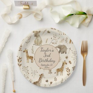 Prato De Papel Boho White Beige Jungle Animal Aniversário