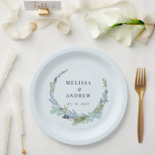 Prato De Papel Boho Wreath na Design de Casamento Azul Claro
