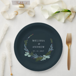 Prato De Papel Boho Wreath na Design de Casamento Azul Escuro