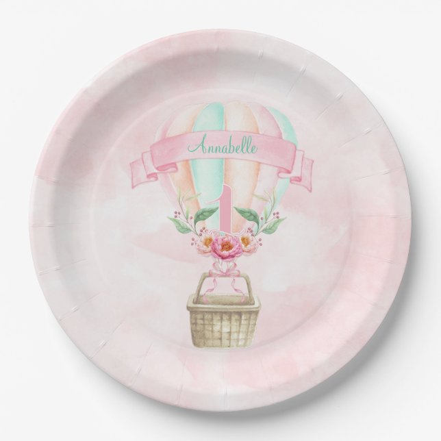 Prato De Papel Bola de Ar Aniversário de 1 Ano Rosa Pastel Pêsseg (Frente)