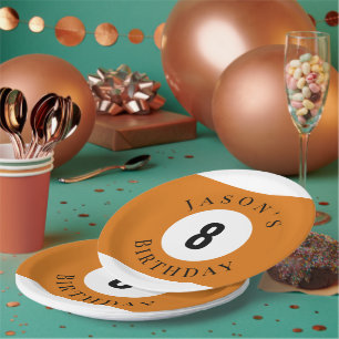 Prato De Papel Bola de Bilhar Laranja Personalizada de Aniversári