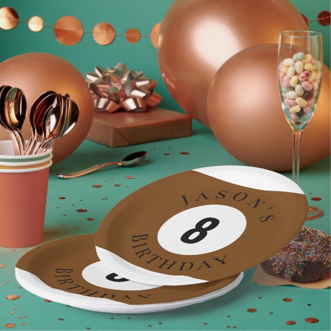 Prato De Papel Bola de Bilhar Personalizada Marrom para Aniversár (Múltiplo)