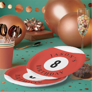 Prato De Papel Bola de Bilhar Vermelha Personalizada de Aniversár