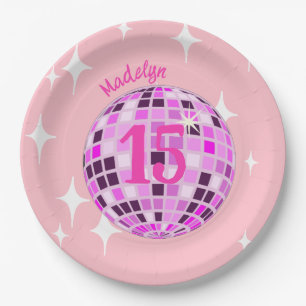 Prato De Papel Bola de Disco Rosa Doce Quinze 15 Aniversário