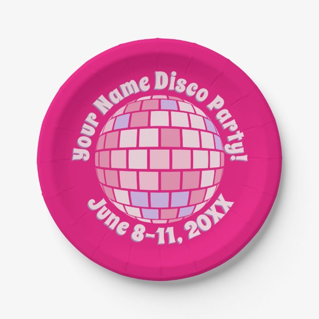 Prato De Papel Bola de Discoteca Rosa Retro PERSONALIZADA (Frente)