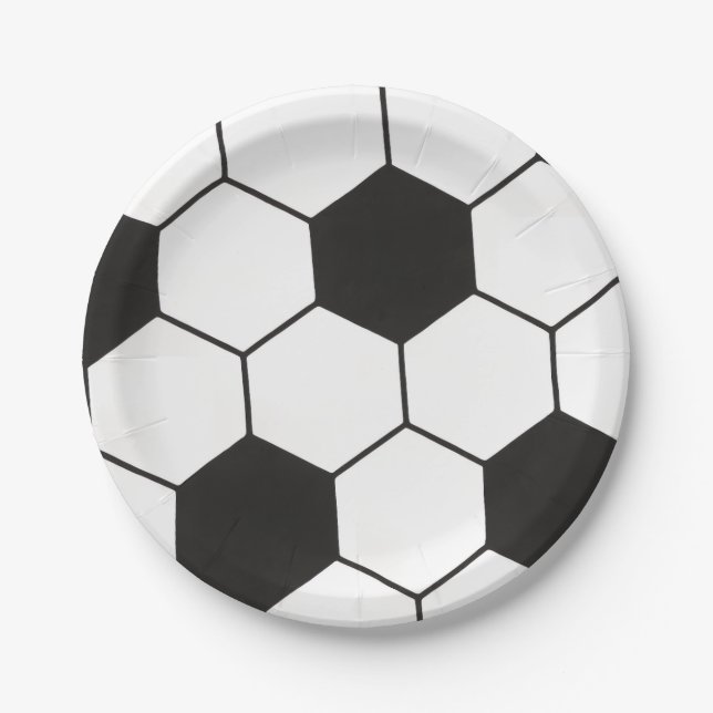 Prato De Papel Bola de Futebol Preto e Branco Padrão Geométrico (Frente)