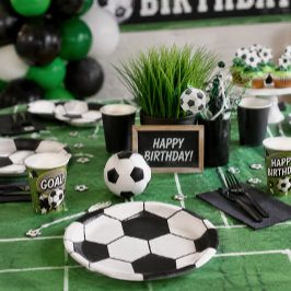 Prato De Papel Bola de Futebol Preto e Branco Padrão Geométrico