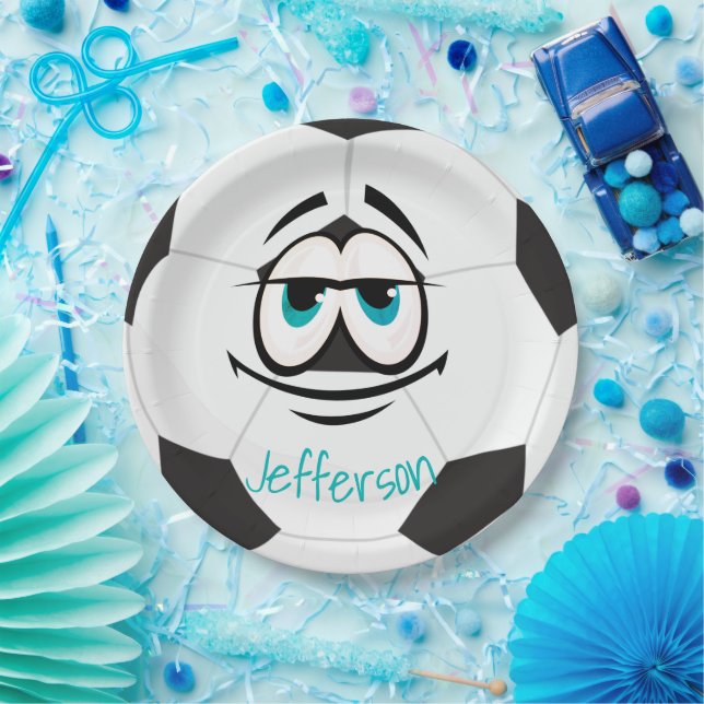 Prato De Papel Bola de futebol preto e branco rosto engraçado (Festa)