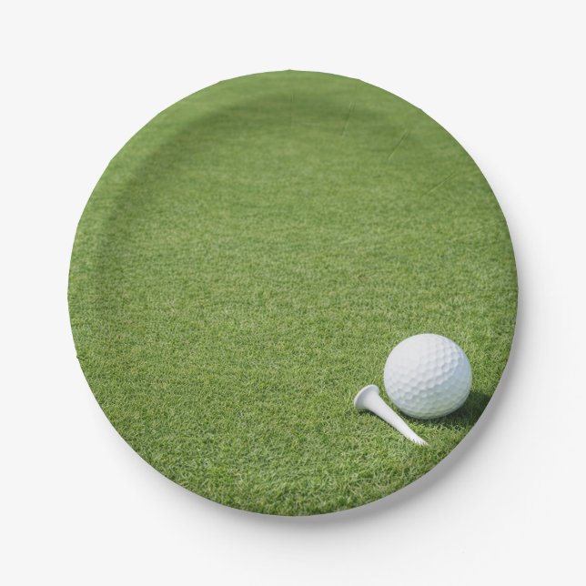 Prato De Papel Bola de golfe com tee em grama verde festa de golf (Frente)