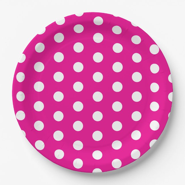 Prato De Papel Bold White Polka Dots on Hot Pink (Frente)