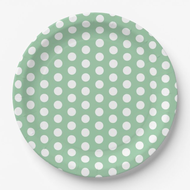 Prato De Papel Bold White Polka Dots on Sage Green  (Frente)
