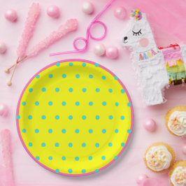 Prato De Papel Bolinhas Azuis Cor-de-Rosa Amarelo Brilhante