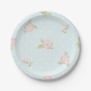 Prato De Papel bolinhas azul pálido creme vintage cor-de-rosa fl