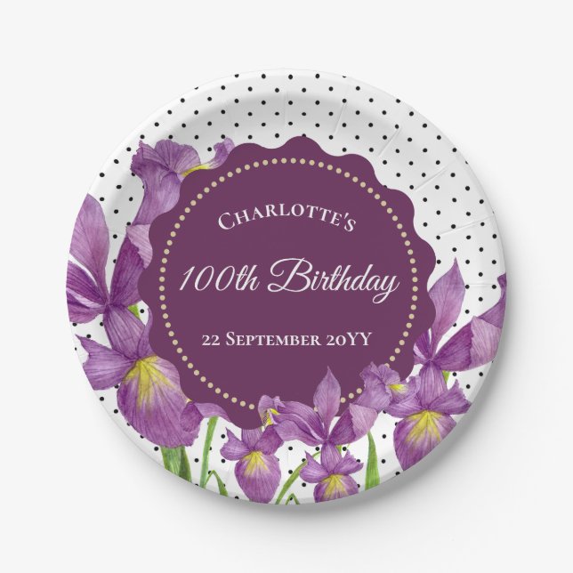 Prato De Papel Bolinhas Botânicas Purple Iris De Aquarelas (Frente)
