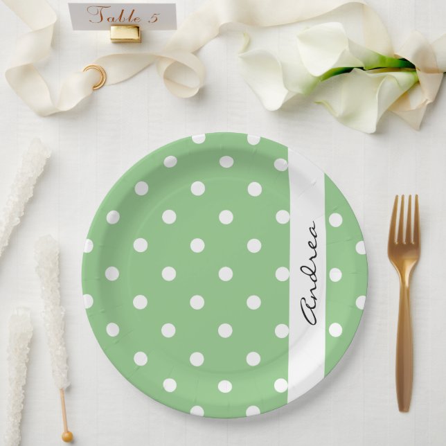 Prato De Papel Bolinhas Verdes, Padrão de Bolinhas, Seu Nome (Casamento)