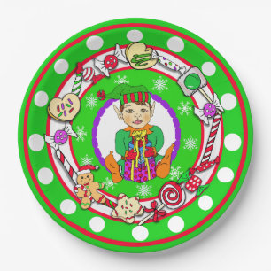 Prato De Papel Bolinhas Whimsical Candy de Natal Elf