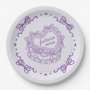 Prato De Papel Bolo Coquette Coração Retro com Laço Roxo Chá de N