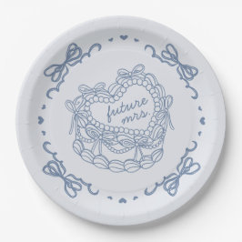 Prato De Papel Bolo Coquette Coração Retro Laço Azul Chá de Noiva