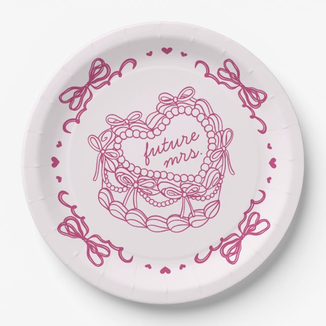 Prato De Papel Bolo Coquette Coração Retro Laço Rosa Chá de Noiva (Frente)