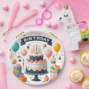 Prato De Papel Bolo de Aniversário Alegre e Balões
