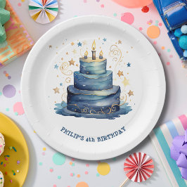 Prato De Papel Bolo de aniversário azul aniversário