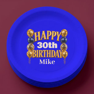 Prato De Papel Bolo de Aniversário Balão Azul Personalizado