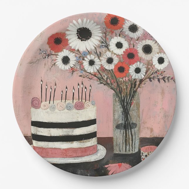 Prato De Papel Bolo de Aniversário Chic e Flores de Gerbera (Frente)