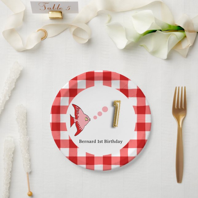 Prato De Papel Bolo de Aniversário de 1 Ano Peixe Balão de Folha  (Casamento)