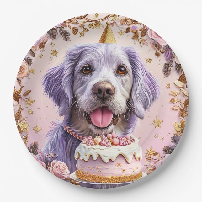 Prato De Papel Bolo de Aniversário de Cachorro Fofo Estilo de Fes (Frente)