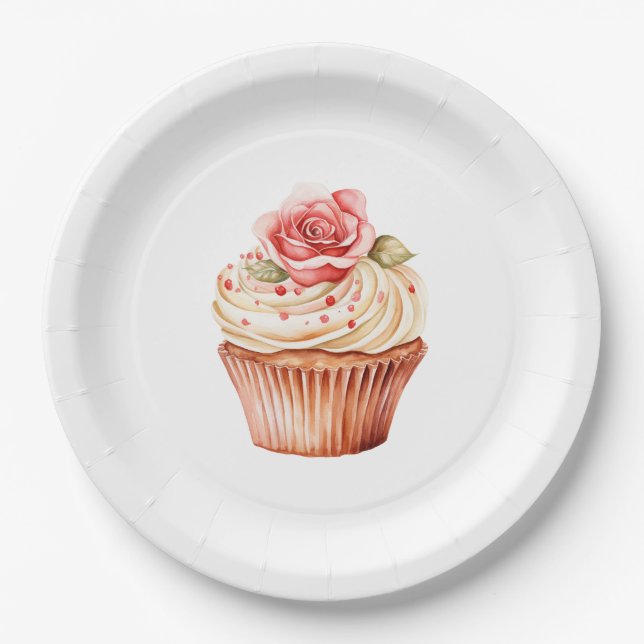 Prato De Papel Bolo De Aniversário De Cupcake Rosa Chic Blush (Frente)