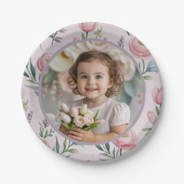 Prato De Papel Bolo de Aniversário de Menina com Foto Floral Past