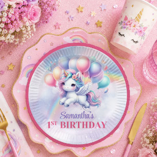 Prato De Papel Bolo de Aniversário de Menina Mágica Unicórnio Enf