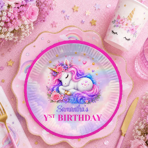 Prato De Papel Bolo de Aniversário de Menina Unicórnio Rosa Roxo
